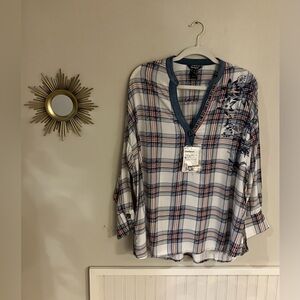 NWT Desigual Love Blue and White Plaid Top